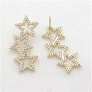copper Stud Earring pave zircon, starlink, gold plated, approx 15-37mm