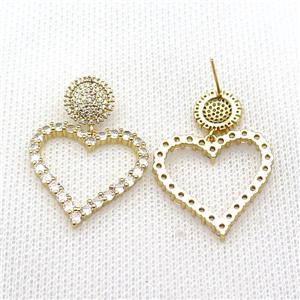 copper Stud Earring pave zircon, heart, gold plated, approx 11mm, 26mm