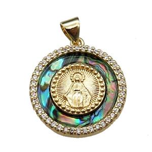copper circle pendant pave abalone shell, virgin mary, gold plated, approx 20mm dia