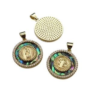 mix copper circle pendant pave abalone shell, jesus, gold plated, approx 20mm dia