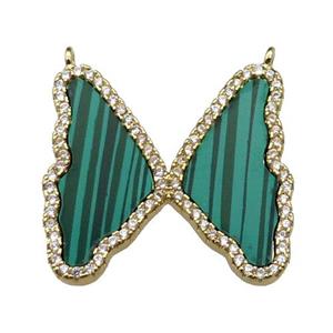 copper Butterfly pendant pave malachite, zircon, 2loops, gold plated, approx 24-26mm
