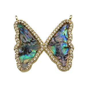 copper Butterfly pendant pave abalone shell, zircon, 2loops, gold plated, approx 24-26mm