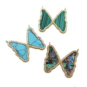 mix copper Butterfly pendant pave stone, zircon, 2loops, gold plated, approx 24-26mm