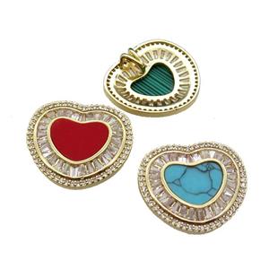 mix copper heart pendant pave stone zircon, gold plated, approx 22-24mm