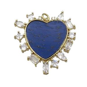copper heart pendant pave lapis zircon, gold plated, approx 30mm
