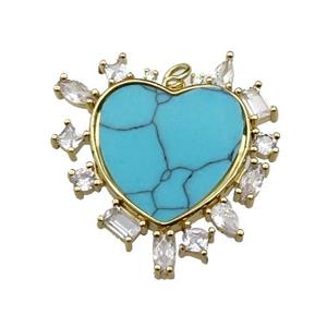 copper heart pendant pave turquoise zircon, gold plated, approx 30mm