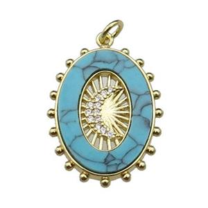 copper oval pendant pave turquoise zircon, moon, gold plated, approx 19-25mm