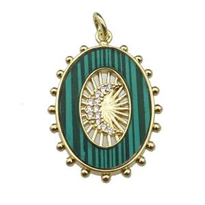 copper oval pendant pave malachite zircon, moon, gold plated, approx 19-25mm