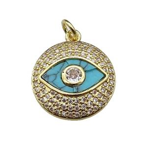 copper circle Eye pendant pave turquoise zircon, gold plated, approx 17mm dia