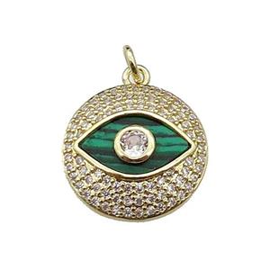 copper circle Eye pendant pave malachite zircon, gold plated, approx 17mm dia