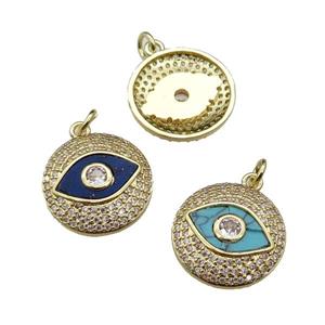 mixed copper circle Eye pendant pave stone zircon, gold plated, approx 17mm dia