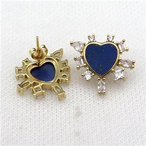 copper Stud Earring pave lapis zircon, gold plated, approx 20mm