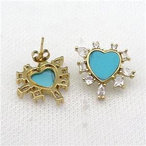 copper Stud Earring pave turquoise zircon, gold plated, approx 20mm