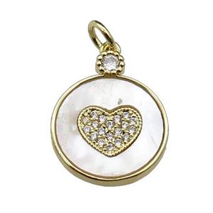 copper circle Heart pendant pave shell zircon, gold plated, approx 15mm