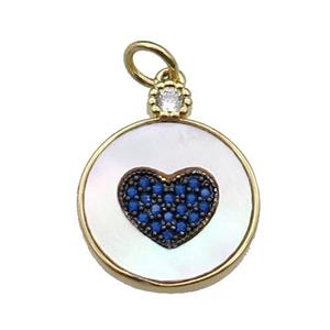 copper circle Heart pendant pave shell blue zircon, gold plated, approx 15mm
