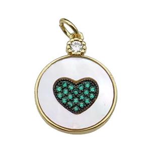 copper circle Heart pendant pave shell green zircon, gold plated, approx 15mm