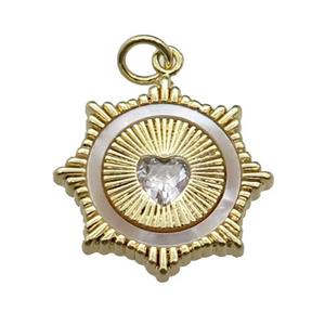copper Sun pendant pave shell zircon heart, gold plated, approx 20mm