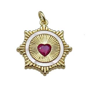 copper Sun pendant pave shell hotpink zircon heart, gold plated, approx 20mm