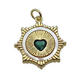 copper Sun pendant pave shell green zircon heart, gold plated, approx 20mm