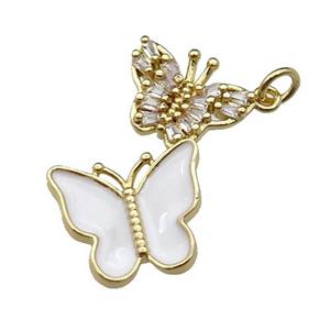 copper Butterfly pendant pave zircon, white enamel, gold plated, approx 17-28mm