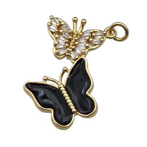 copper Butterfly pendant pave zircon, black enamel, gold plated, approx 17-28mm