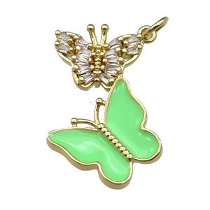 copper Butterfly pendant pave zircon, green enamel, gold plated, approx 17-28mm