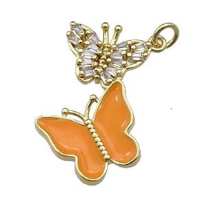 copper Butterfly pendant pave zircon, orange enamel, gold plated, approx 17-28mm