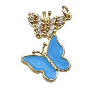 copper Butterfly pendant pave zircon, blue enamel, gold plated, approx 17-28mm