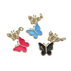 mixed copper Butterfly pendant pave zircon, enamel, gold plated, approx 17-28mm