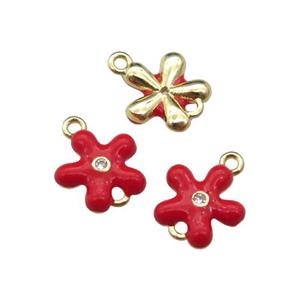 copper flower connector with red enamel, gold plated, approx 9mm