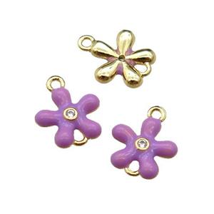 copper flower connector with purple enamel, gold plated, approx 9mm