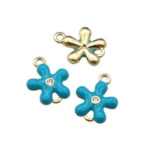 copper flower connector with teal enamel, gold plated, approx 9mm