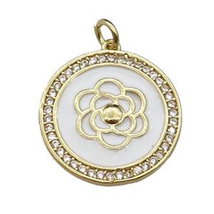 copper circle flower pendant pave zircon, white enamel, gold plated, approx 20mm dia