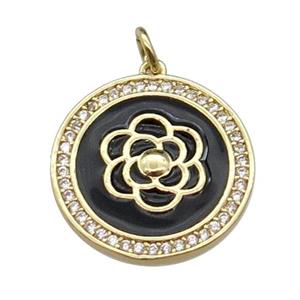 copper circle flower pendant pave zircon, black enamel, gold plated, approx 20mm dia