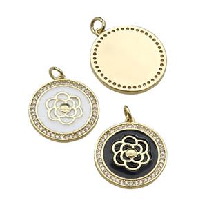 mix copper circle flower pendant pave zircon, enamel, gold plated, approx 20mm dia