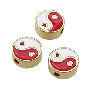 copper Taichi Beads red enamel, gold plated, approx 10mm