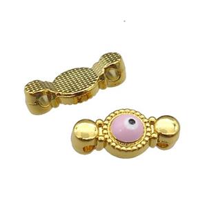 copper Evil Eye connector with pink enamel, gold plated, approx 8-17mm