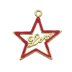 copper Star pendant with red enamel, LOVE, gold plated, approx 33-35mm