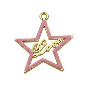 copper Star pendant with pink enamel, LOVE, gold plated, approx 33-35mm