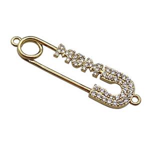 copper MOM connector pave zircon, Safety Pins , gold plated, approx 9-30mm