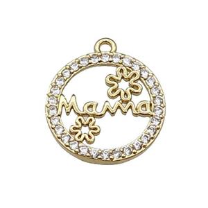 copper circle MaMa pendant pave zircon, flower, gold plated, approx 15mm dia
