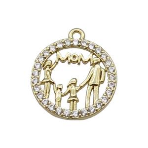 copper circle MOM pendant pave zircon, family, gold plated, approx 15mm dia