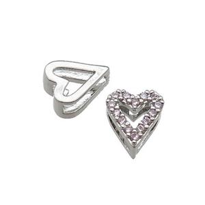 copper Heart beads pave zircon, platinum plated, approx 7-8mm, 2x6mm hole