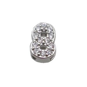 copper Number-8 Beads pave zircon, platinum plated, approx 8mm, 2-6mm hole