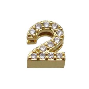 copper Number-2 Beads pave zircon, gold plated, approx 8mm, 2-6mm hole