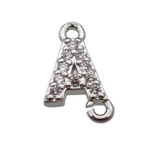 copper letter-A connector pave zircon, platinum plated, approx 8mm