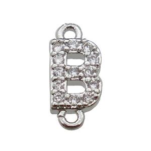 copper letter-B connector pave zircon, platinum plated, approx 8mm