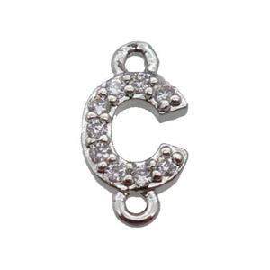copper letter-C connector pave zircon, platinum plated, approx 8mm