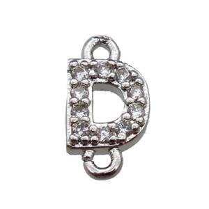 copper letter-D connector pave zircon, platinum plated, approx 8mm
