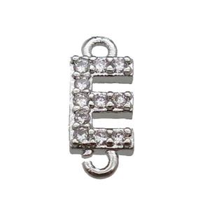 copper letter-E connector pave zircon, platinum plated, approx 8mm